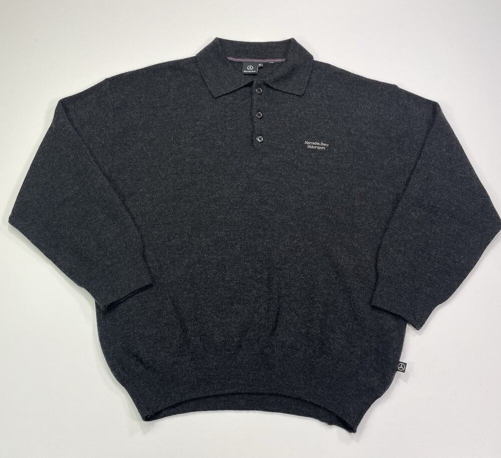 Mercedes Benz Merino Wool Sweater Mens XL Vtg Button Collar Gray